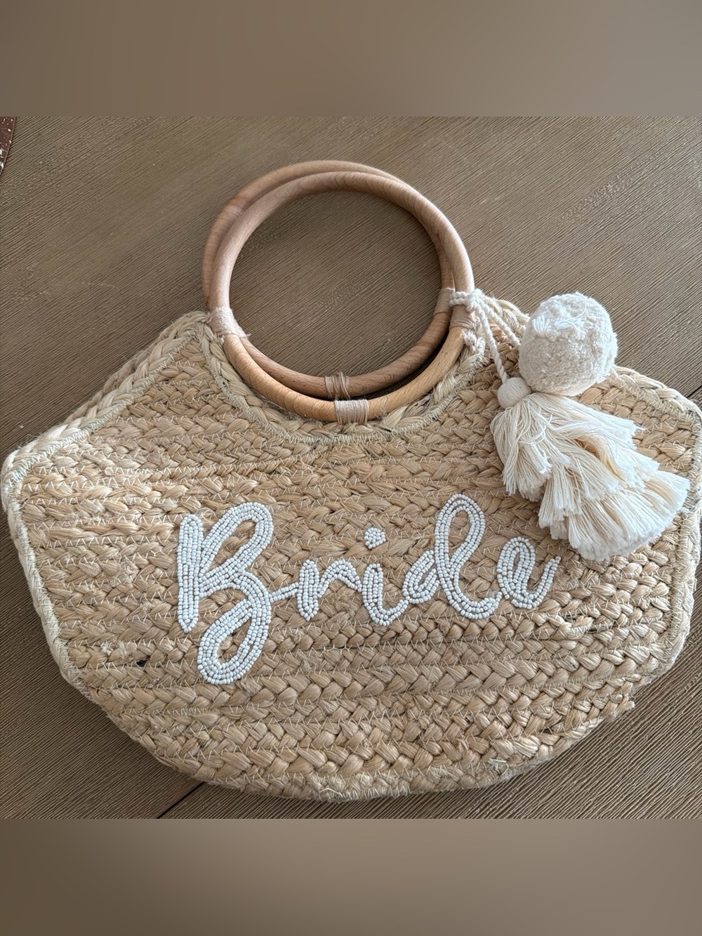 Bride 100% Jute Tote Bag with Wooden Handles - Natural
